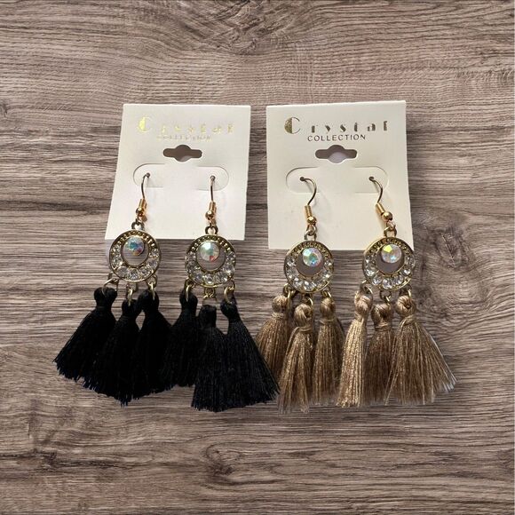 Set of 2 Crystal Collection Tassel Earrings Rhinestone Dangle Drop Boho‎ Chic - Picture 2 of 5
